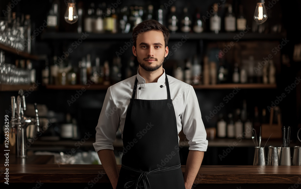 Chef kitchen apron. Chef cook in uniform, kitchen apron, protective apparel, culinary environment, food service setting, chef in kitchen interior, apron mock-up. Realistic style photo. Chef kitchen apron. Chef cook in uniform, kitchen apron, protective apparel, culinary environment, food service setting, chef in kitchen interior, apron mock-up. Realistic style photo.