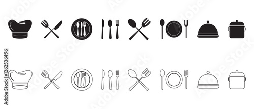 chef hat, spoon, knife and plate cloche cooking, kitchen and restaurant icon symbol vector. dinner fast food and cooking icon. vector illustration.