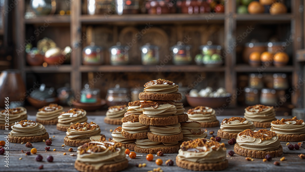 Delicious homemade cookies with coffee cream forming a pyramid on wooden table Delicious homemade cookies with coffee cream forming a pyramid on wooden table
