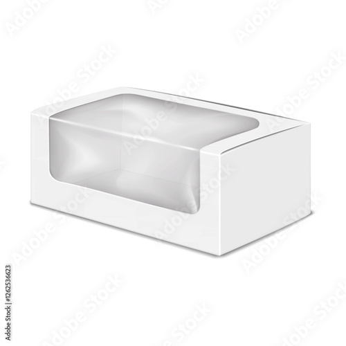 White blank clamshell paper box with clear plastic window. Realistic 3d vector mock-up. Cardboard box with transparent lid. Mockup. Takeout food paperboard container package. Template