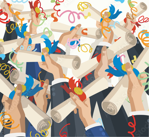 hands holding diplom in the air graduation university celebration illustration graduate cap flat vector illustration