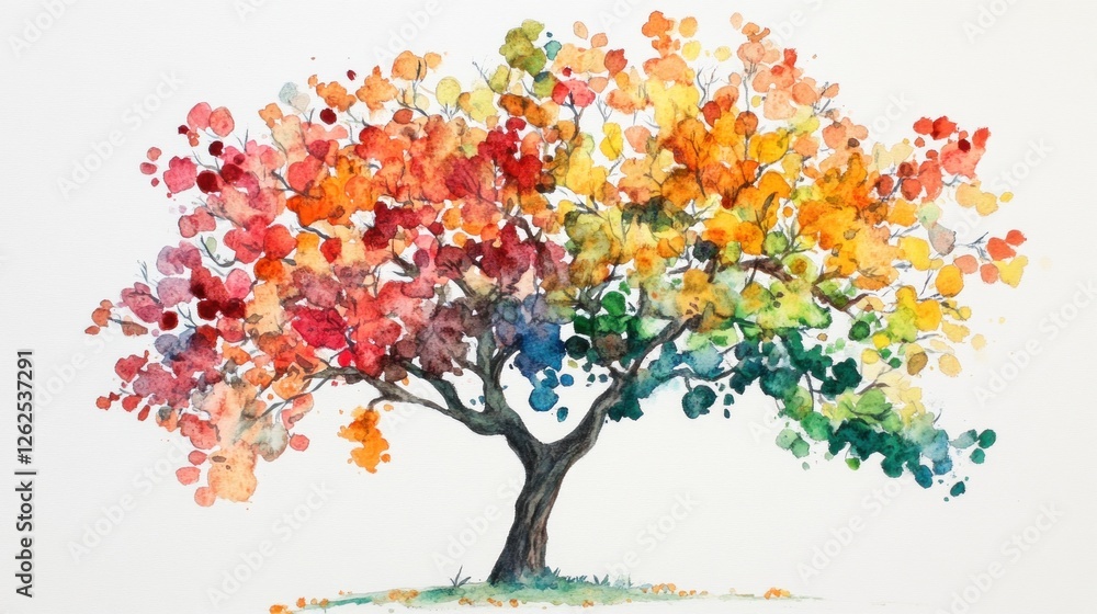 Fototapeta premium Colorful autumn tree watercolor painting, nature, art