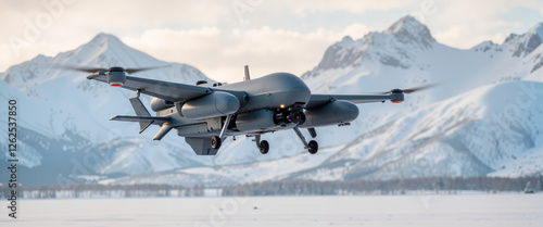 Bilde på lerret Military drone flying over snowy mountains, advanced surveillance technology