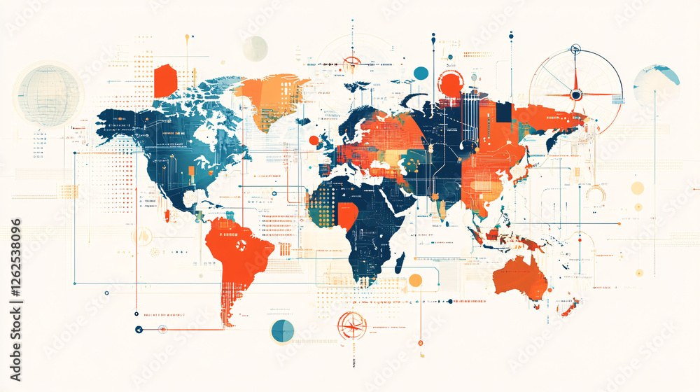 Obraz premium A colorful abstract world map with geometric shapes and digital connections symbolizing global technology and data networks 