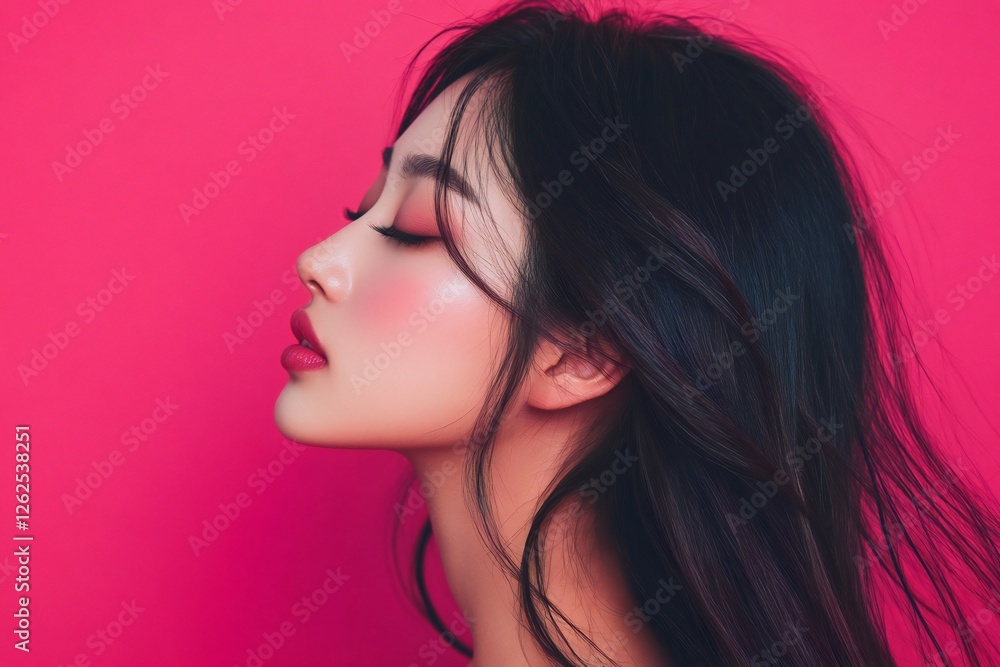 Portrait of a tranquil asian american woman in profile, eyes closed, flowing hair, perfect makeup. Pink gradient background enhances her vibrant look. Portrait of a tranquil asian american woman in profile, eyes closed, flowing hair, perfect makeup. Pink gradient background enhances her vibrant look.