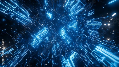 Immersive Cyber Tunnel  Journey Through a Deep Blue Data Stream at Warp Speed in a Futuristic World of Digital Connectivity
