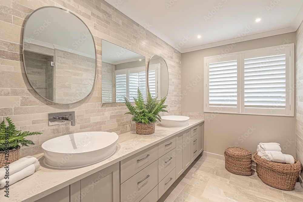 Fototapeta premium Modern bathroom design featuring natural elements and contemporary finishes in a stylish residential setting
