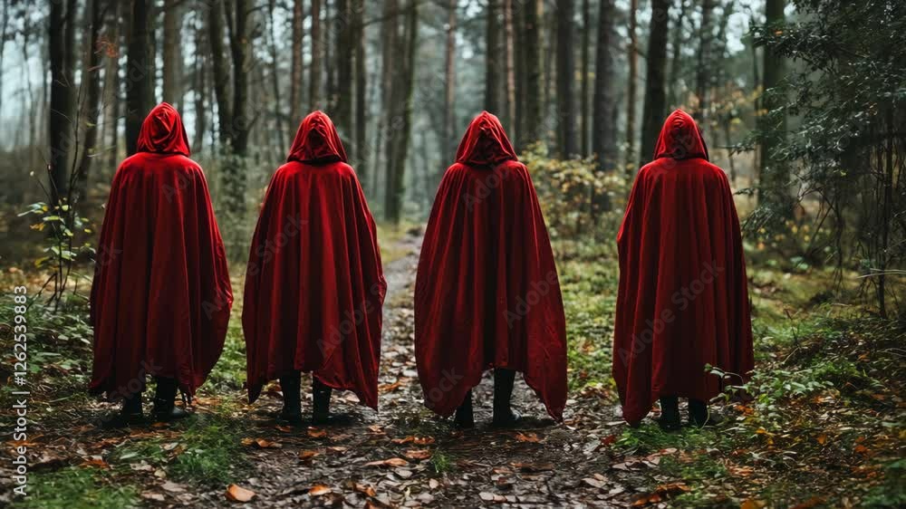 Four figures in red cloaks standing in a forest during a foggy day Four figures in red cloaks standing in a forest during a foggy day