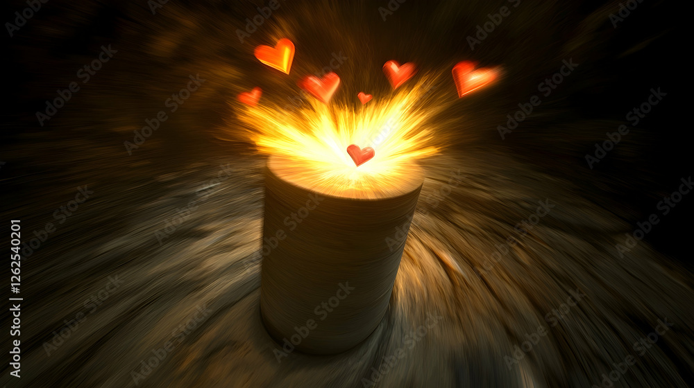 Naklejka premium Glowing hearts emerging from a cylinder, swirling dark background, romantic concept, ideal for Valentine's Day cards