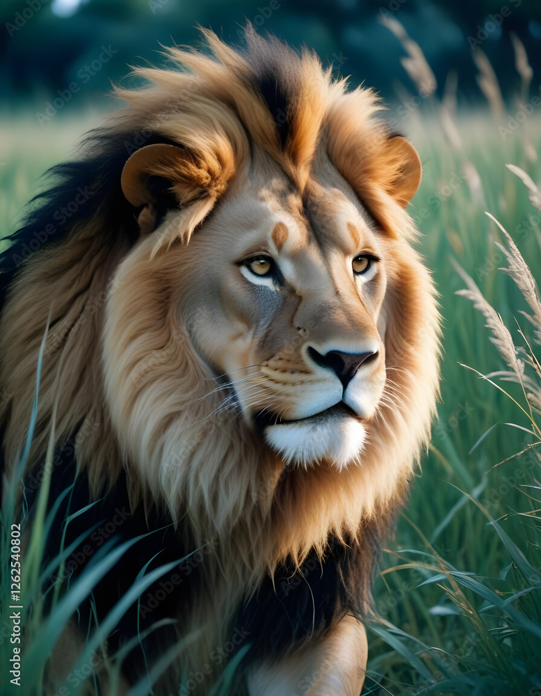 Fototapeta premium Male lion exuding power with a golden mane and piercing eyes