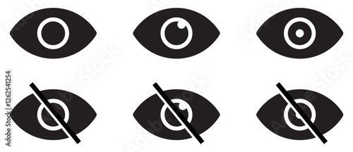 See and unsee symbol set. Hide and unhide symbol. Visible and hidden sign. Sensitive photo content. Explicit video content. Eye open closed visible invisible hidden password view.  Vector illustration
