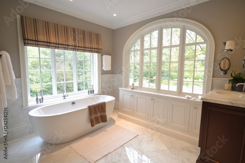 Elegant bathroom featuring a freestanding tub and large windows with a serene garden view
