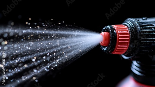 Close-up water spray nozzle, dark background, water drops, gardening photo