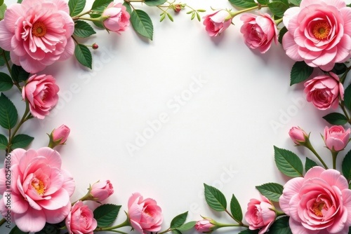 Intricate pink floral frame, soft blossoms & lush leaves , floral, pastel, leaves