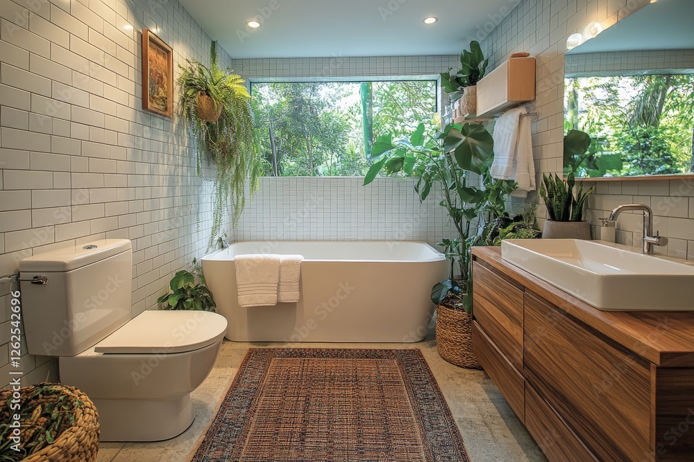 Fototapeta premium Modern bathroom design featuring natural greenery and elegant fixtures in a tranquil space