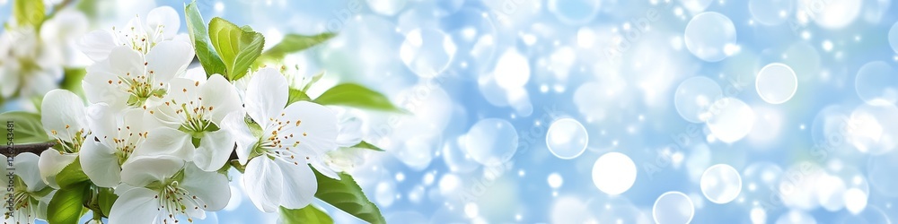 Fototapeta premium Springtime Blossom, Delicate White Flowers on a Sunny Spring Day With Blue Sky, Sunlight, Macro