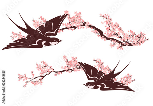 sakura tree flower branches and swallow flying with spread wings - elegant asian bird spring season vector border design on white background
