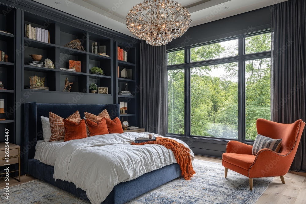 Fototapeta premium Stylish modern bedroom with large windows overlooking lush greenery and elegant decor featuring orange accents