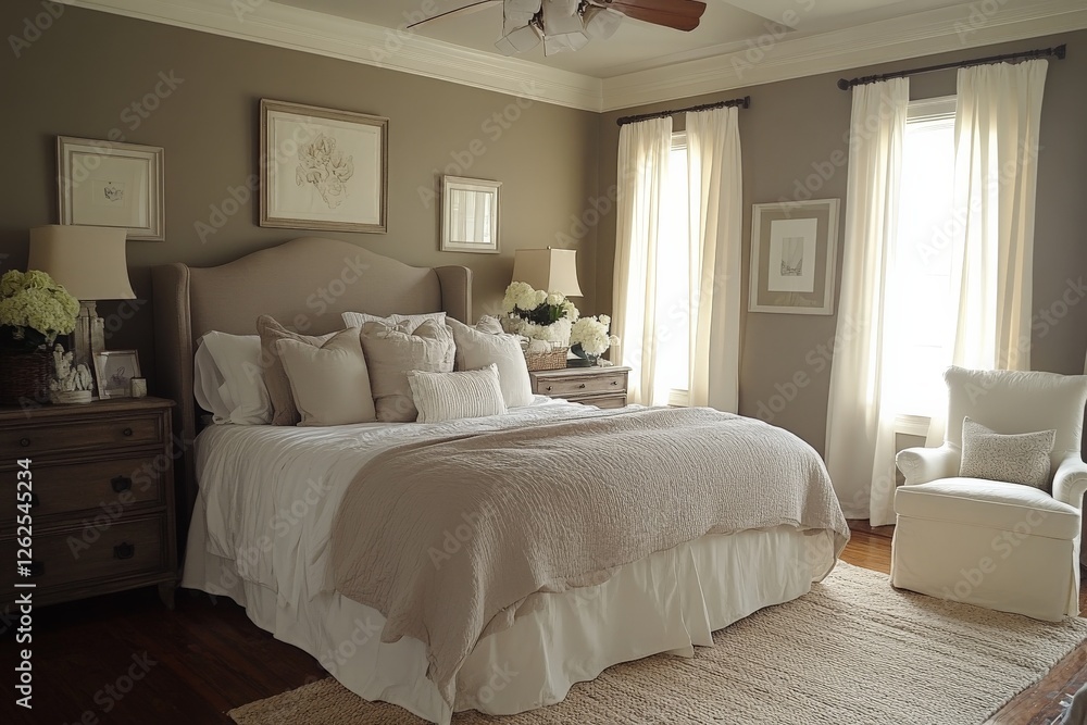 Fototapeta premium Elegant bedroom interior with warm tones and soft textures in a cozy home environment