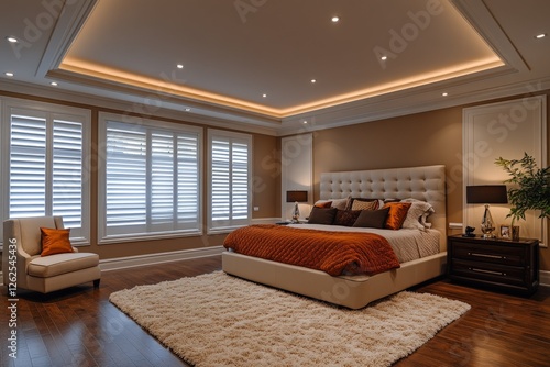 Modern bedroom interior with warm hues and elegant furnishings designed for comfort and relaxation