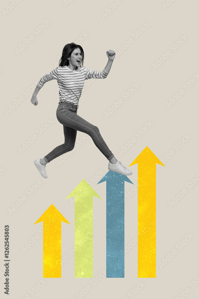 Fototapeta premium Creative trend artwork design 3D collage of leadership strategy success target aim achievement aspiration young lady run arrow ladder up