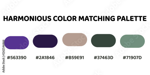Harmonious palette ideal for creating a harmonious, sophisticated, and nature-inspired design with a blend of cool and earthy tones. deep purple, dark indigo, soft grey, muted green, sage green. 236.