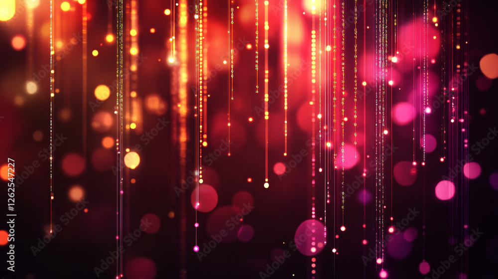 Obraz premium A dynamic cybernetic data stream with glowing red, orange, and gold cascading lights, representing digital communication and AI networks 