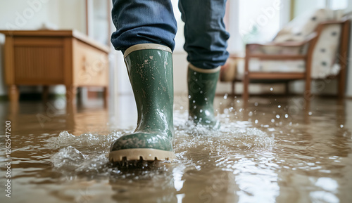 Flooded Home During Rainy Season with Man in Rubber Boots