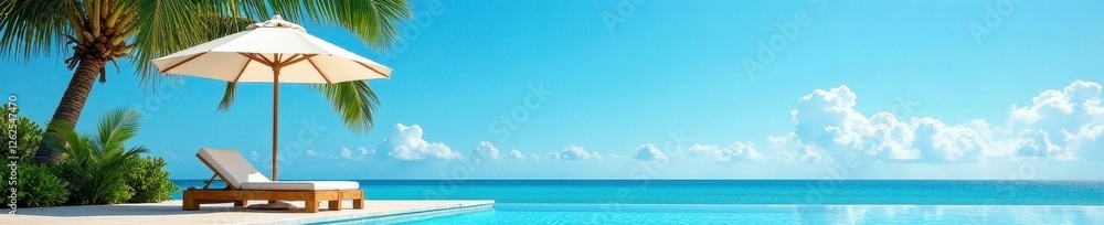 Luxury umbrella, chaise lounge by pool, palm tree, blue sky , coconut, water