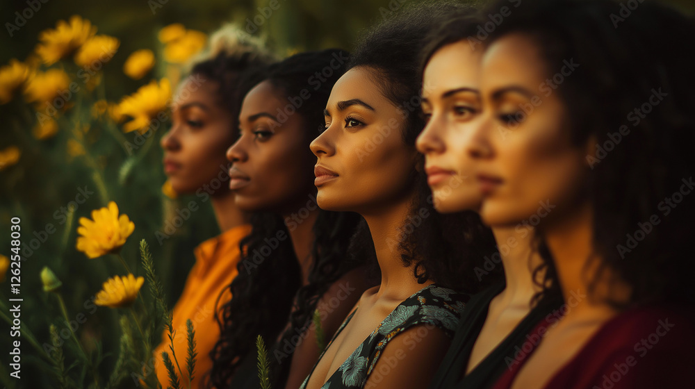 Obraz premium Each woman in a group of diverse women represents an element of nature (earth, air, fire, water), standing together in harmony