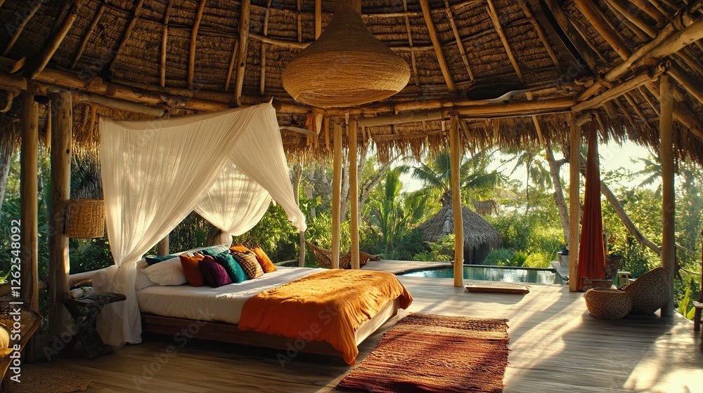 Tropical bungalow bedroom sunrise pool view Tropical bungalow bedroom sunrise pool view