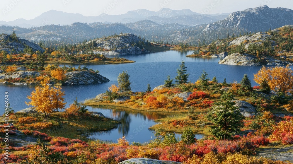 Naklejka premium Autumn mountain lake panorama; tranquil alpine scenery
