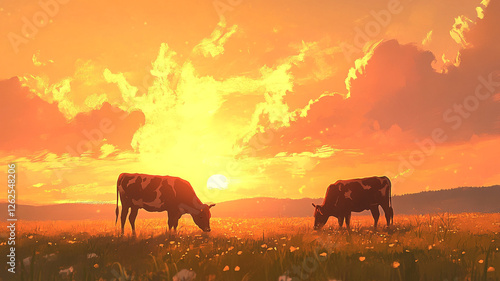 Wallpaper Mural Two cows in the pasture at sunset Torontodigital.ca