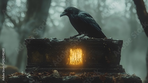 Raven perched on illuminated ancient structure in misty forest photo