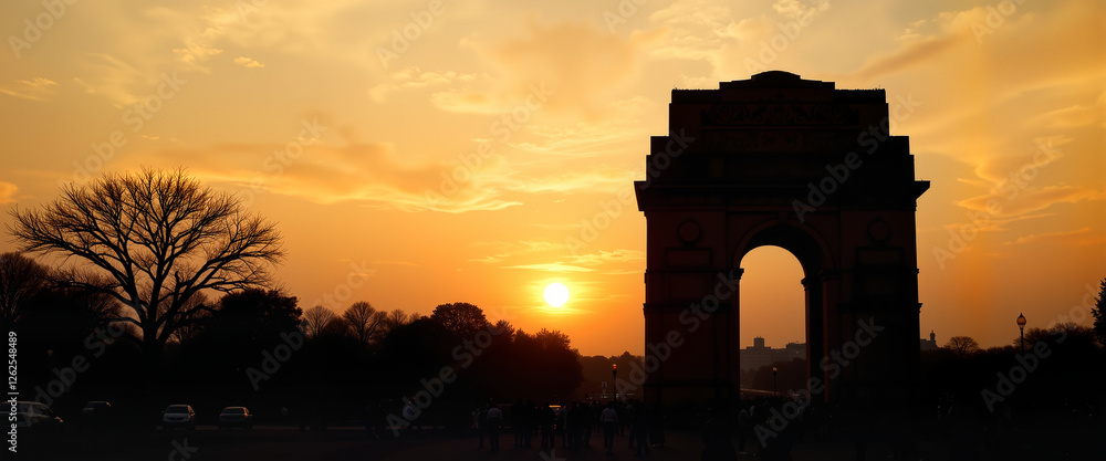 India Gate silhouetted against sunset, tranquility and reflection