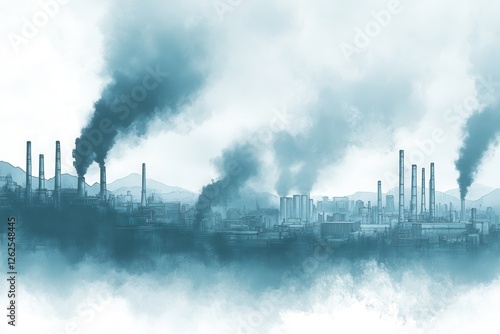 Industrial Landscape with Smokestacks and Pollution in the Atmosphere