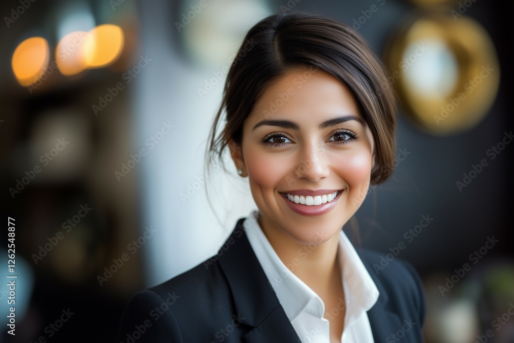 Young Happy Hispanic Businesswoman, Corporate Manager, Smiling Confidently in Office Young Happy Hispanic Businesswoman, Corporate Manager, Smiling Confidently in Office