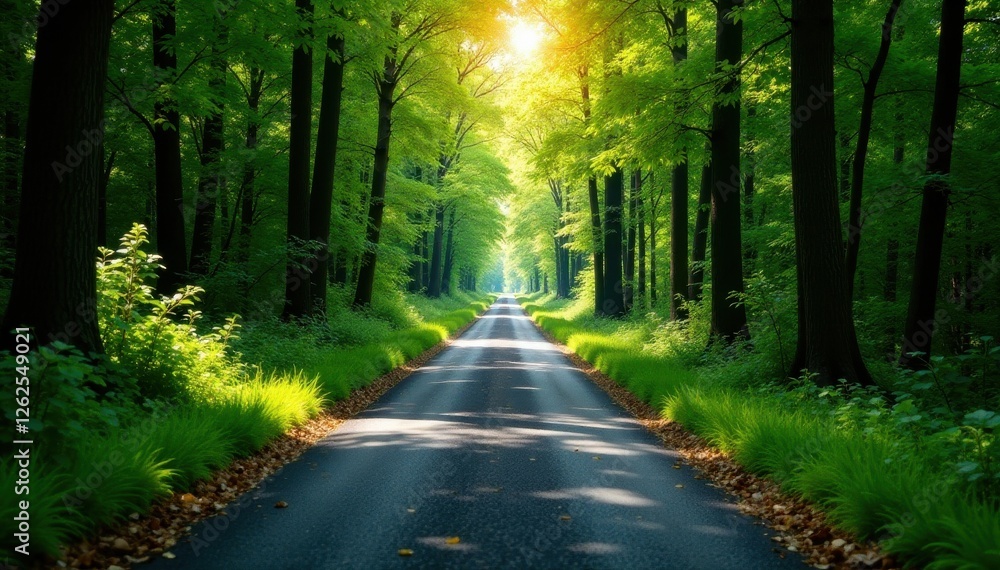 Narrow asphalt lane cuts through dense woodland , shadows, peaceful Narrow asphalt lane cuts through dense woodland , shadows, peaceful