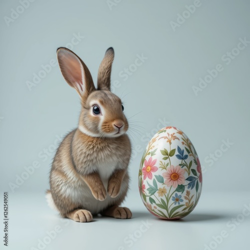 Charming Bunny Rabbit Beside Colorful Easter Egg with Floral Design for Holiday and Seasonal Celebrations