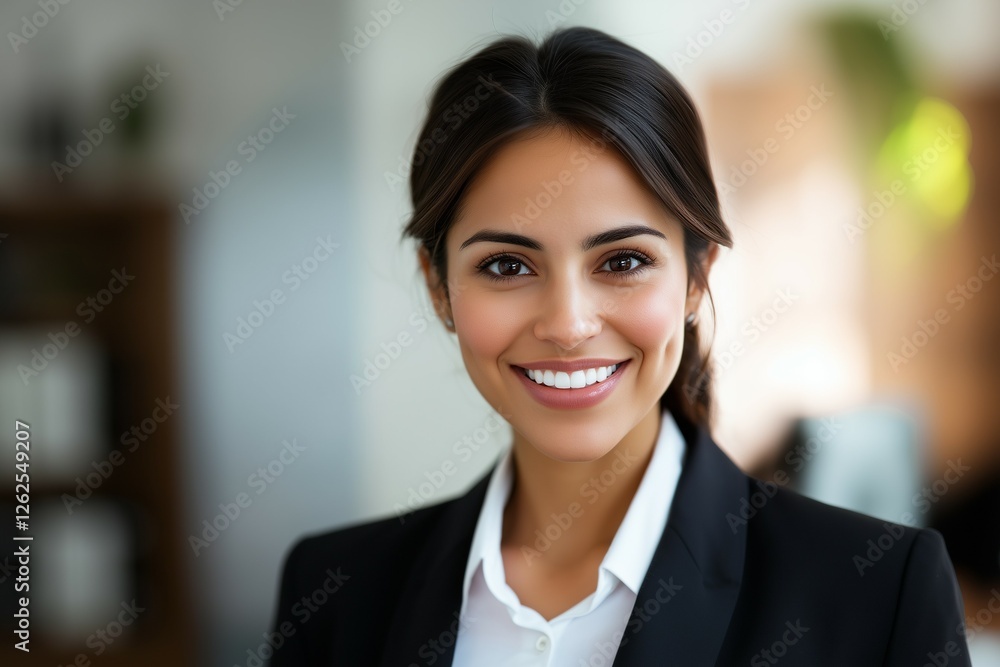 Close-Up Portrait of a Smiling Young Hispanic Businesswoman, Confident Corporate Manager in Office Setting Close-Up Portrait of a Smiling Young Hispanic Businesswoman, Confident Corporate Manager in Office Setting