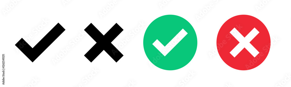 Green check mark, red cross mark icon set. Isolated tick symbols, checklist signs, approval badge. Flat and modern checkmark design, black check mark and cross. Green check mark, red cross mark icon set. Isolated tick symbols, checklist signs, approval badge. Flat and modern checkmark design, black check mark and cross.