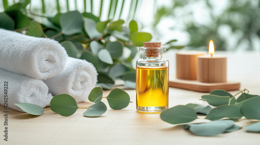 Eucalyptus oil with towels and candle on wooden table, natural wellness Eucalyptus oil with towels and candle on wooden table, natural wellness