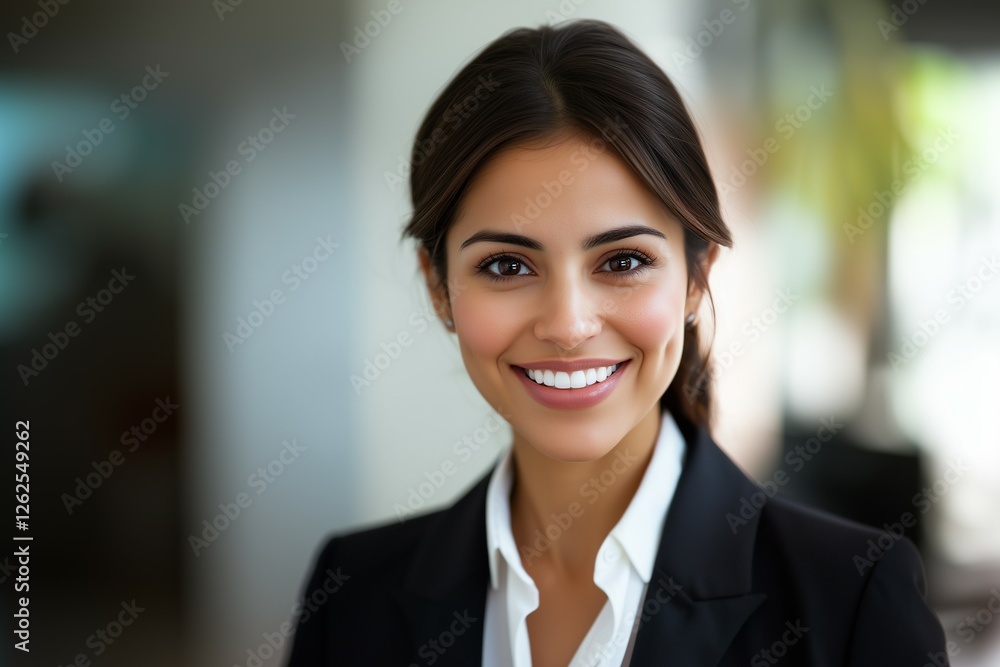 Young Hispanic Businesswoman, Corporate Manager, Smiling Confidently in a Professional Setting Young Hispanic Businesswoman, Corporate Manager, Smiling Confidently in a Professional Setting