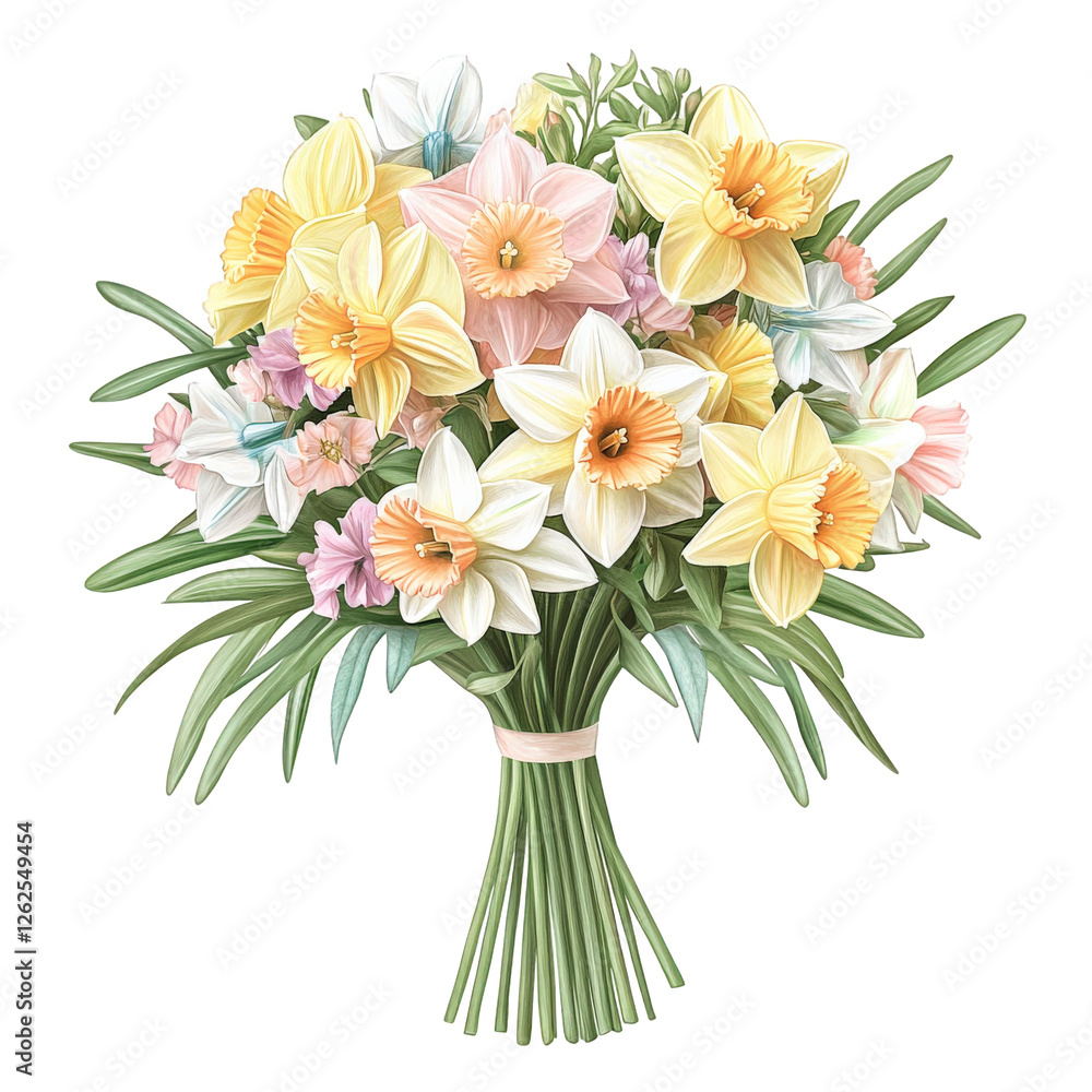 Obraz premium A bouquet of mixed daffodils in soft pastel tones, gracefully arranged with delicate greenery, created in an artistic digital illustration, transparent background, PNG