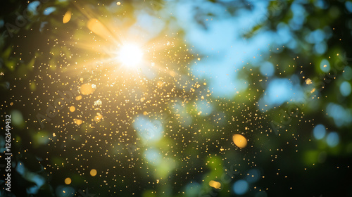 Sunlight illuminating a cloud of pollen in nature, seasonal allergies