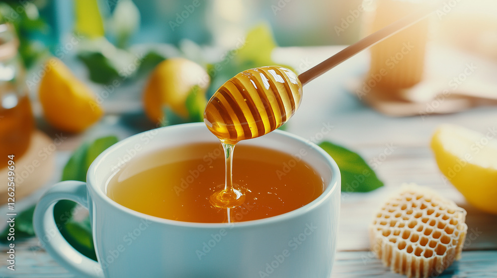 Herbal tea with honey and lemon, wellness and natural remedy Herbal tea with honey and lemon, wellness and natural remedy