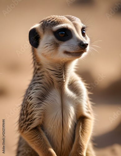 Wallpaper Mural Close up of a young male meerkat standing upright, with his fur slightly ruffled by the wind The sharpness of his eyes and the texture of his fur are emphasized against a blurred desert background Torontodigital.ca