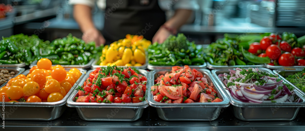 A variety of vegetables are displayed in trays, including tomatoes, peppers A variety of vegetables are displayed in trays, including tomatoes, peppers