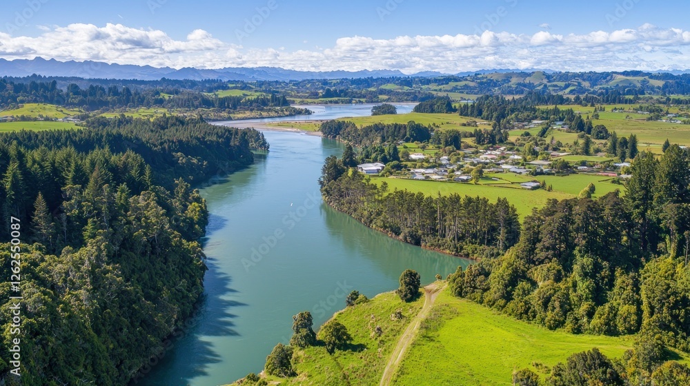 Obraz premium Scenic River Bend, Rural Landscape, Aerial View, Tranquil Valley