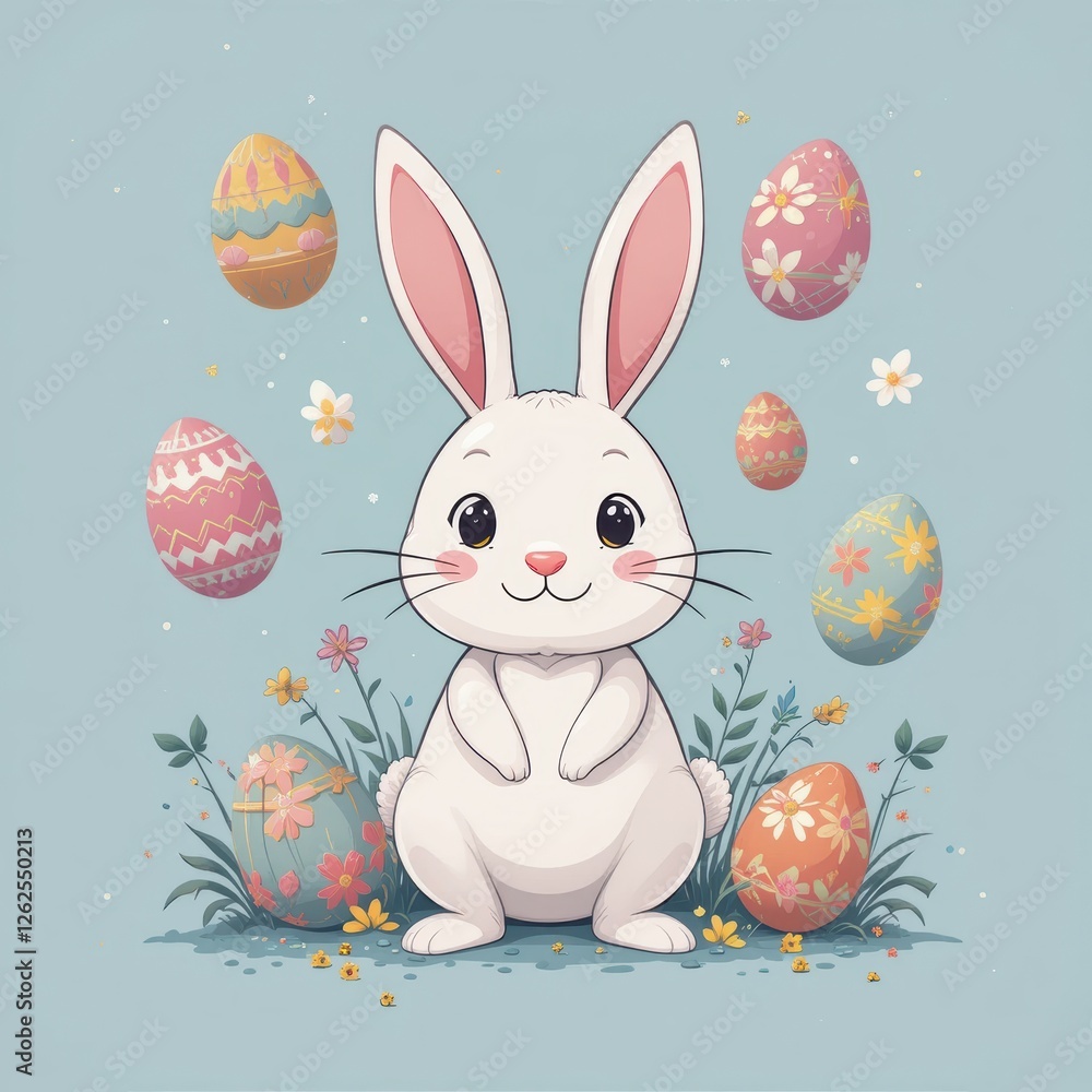 Obraz premium Cute Cartoon Bunny with Colorful Easter Eggs and Flowers in a Pastel Background for Spring Celebration